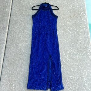 Vintage Laurence Kazar Silk Blue Dress Beaded Sequins Gown Maxi Sleeveless Sz M